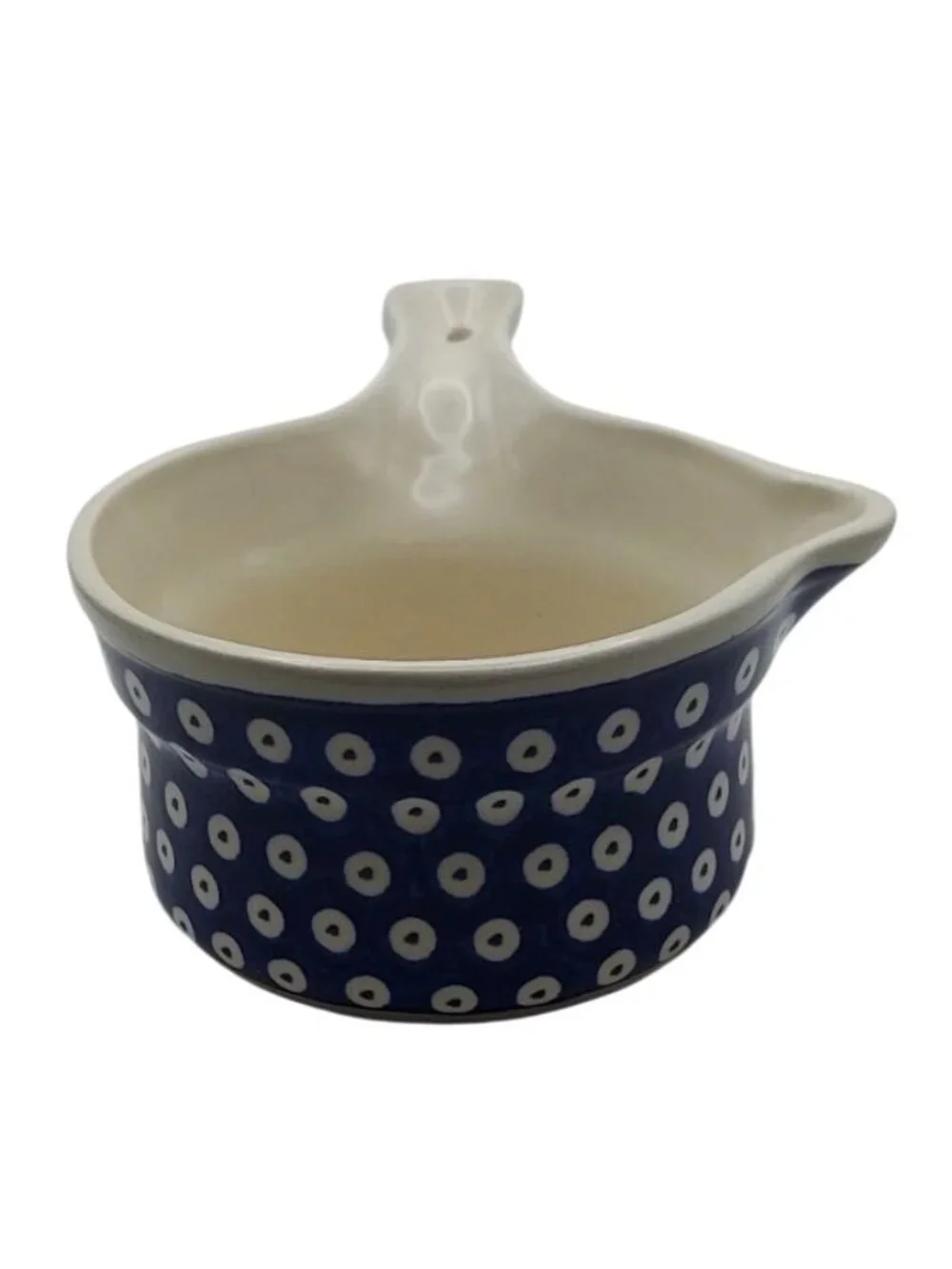 Handmade Bolesławiec Polish Pottery Blue & White Polka Dot Sauce Dish w/ Handle